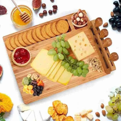 Contemporary Bamboo Cheese Board Set With Built-In Knife Holder