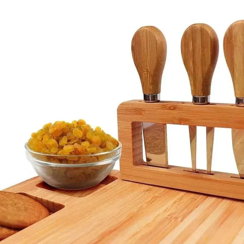 Contemporary Bamboo Cheese Board Set With Built-In Knife Holder
