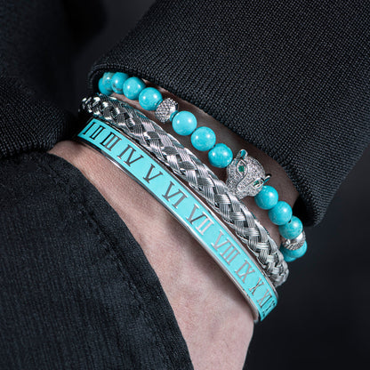 Oscar Panther Head Jeweled Cuff Bracelet Set | Textured Braided Beaded Bracelet