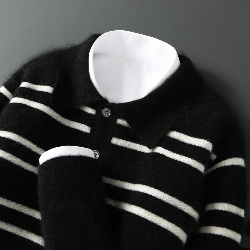 Lennox Merino Polo Sweater | Striped Half-Button Relaxed Polo