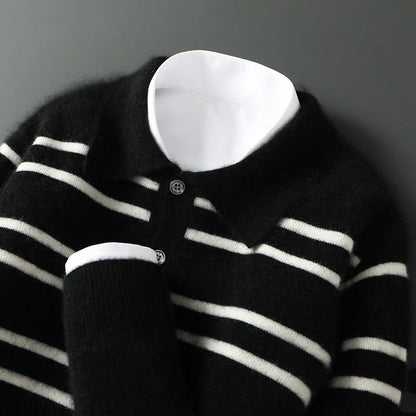 Lennox Merino Polo Sweater | Striped Half-Button Relaxed Polo