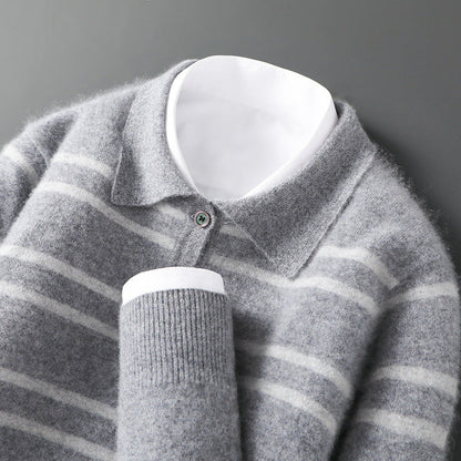 Lennox Merino Polo Sweater | Striped Half-Button Relaxed Polo