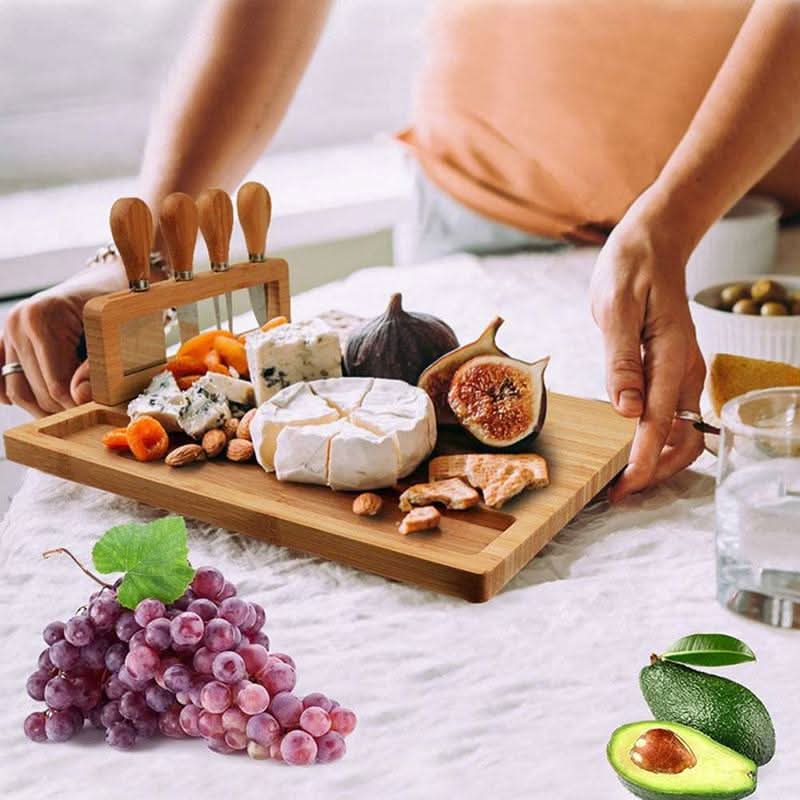 Contemporary Bamboo Cheese Board Set With Built-In Knife Holder