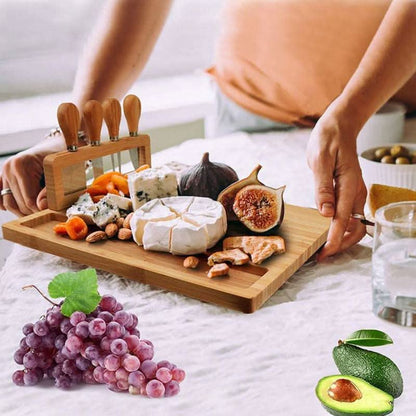 Contemporary Bamboo Cheese Board Set With Built-In Knife Holder