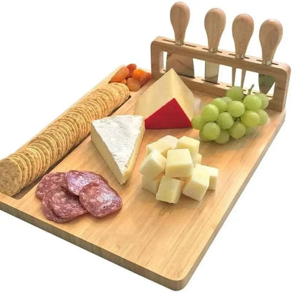 Contemporary Bamboo Cheese Board Set With Built-In Knife Holder