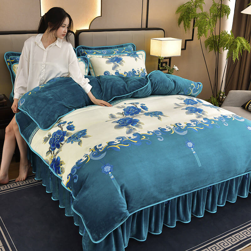Velvet Floral Bed Sheet Set With Soft Texture and Pillow Shams