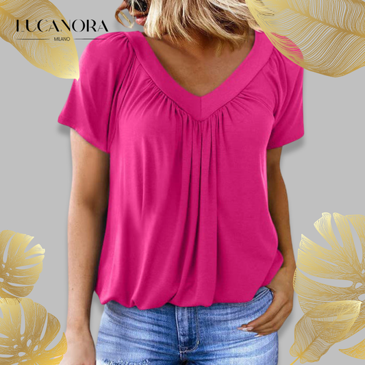 Iris Pilotti™ Women's Casual Pleated Top with Short Sleeves and V-neckline