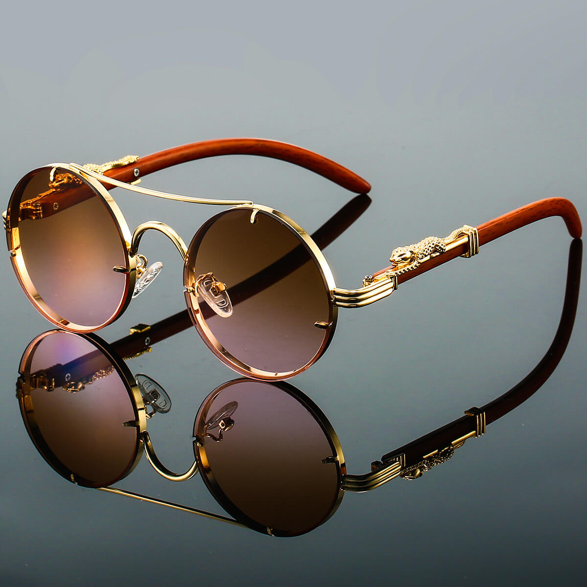 Panthera Onca Vintage-Inspired Round Sunglasses with Artisan Wood Temples
