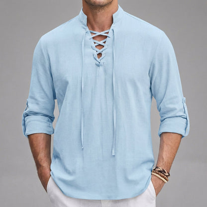 Relaxed-Fit Lace-Up Henley with Stand Collar and Roll-Tab Sleeves