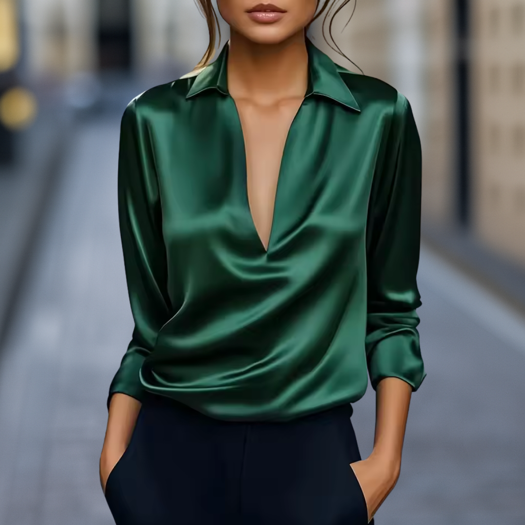 Luxurious Draped Collared Blouse with Deep V-Neckline