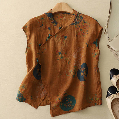 Luxurious Vintage-Inspired Blouse with Mandarin Collar and Asymmetrical Wrap Front