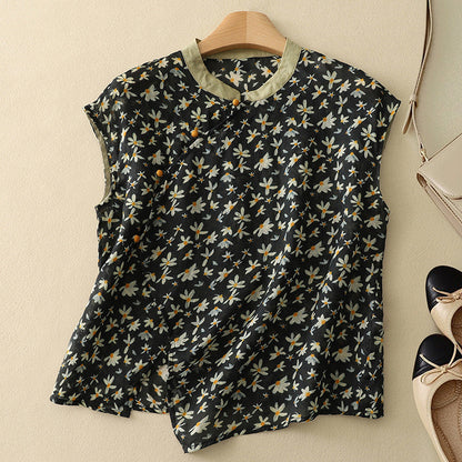 Luxurious Vintage-Inspired Blouse with Mandarin Collar and Asymmetrical Wrap Front
