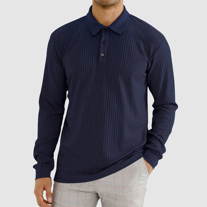 Men’s Knit Long-Sleeve Polo Shirt with Vertical Ribbed Texture