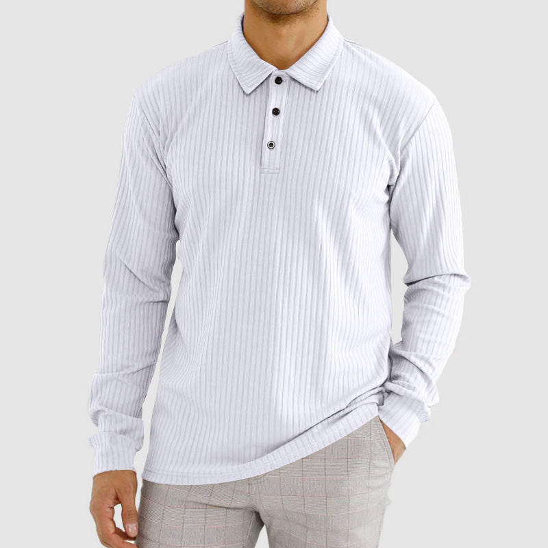 Men’s Knit Long-Sleeve Polo Shirt with Vertical Ribbed Texture