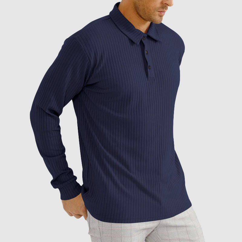 Men’s Knit Long-Sleeve Polo Shirt with Vertical Ribbed Texture