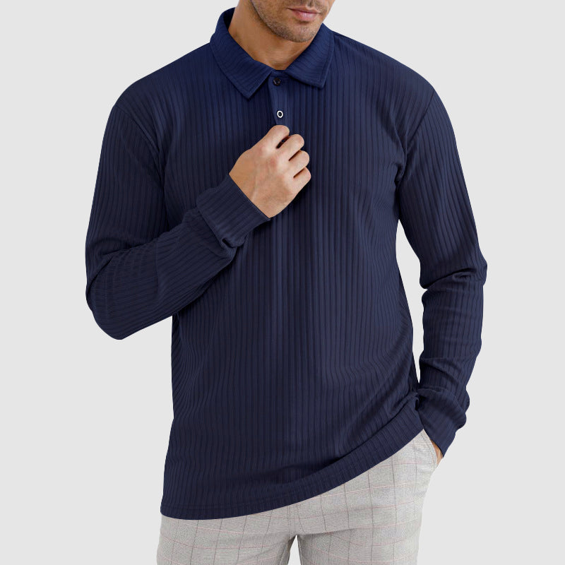 Men’s Knit Long-Sleeve Polo Shirt with Vertical Ribbed Texture