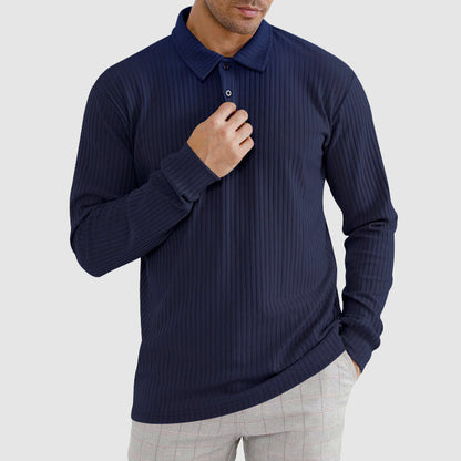 Men’s Knit Long-Sleeve Polo Shirt with Vertical Ribbed Texture