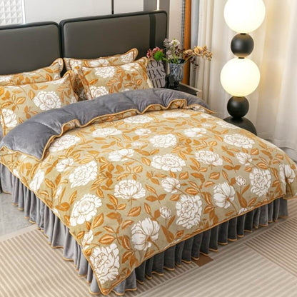 Velvet Bed Sheet Set With Leaf Pattern and Pillow Shams