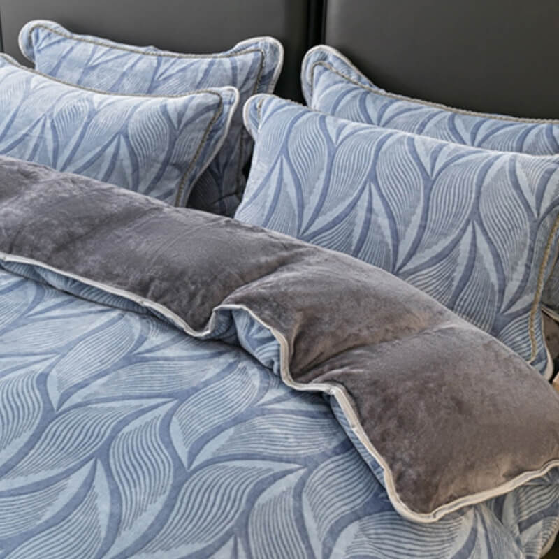 Velvet Bed Sheet Set With Leaf Pattern and Pillow Shams