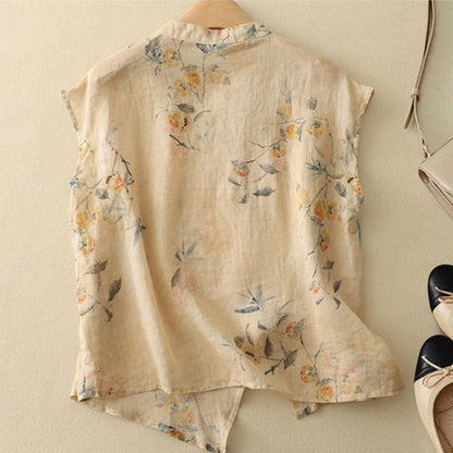 Luxurious Vintage-Inspired Blouse with Mandarin Collar and Asymmetrical Wrap Front