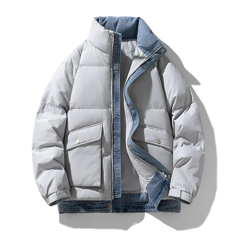 Noah Oversized Puffer Jacket | Quilted Denim Trim Hip-Length Puffer Jacket