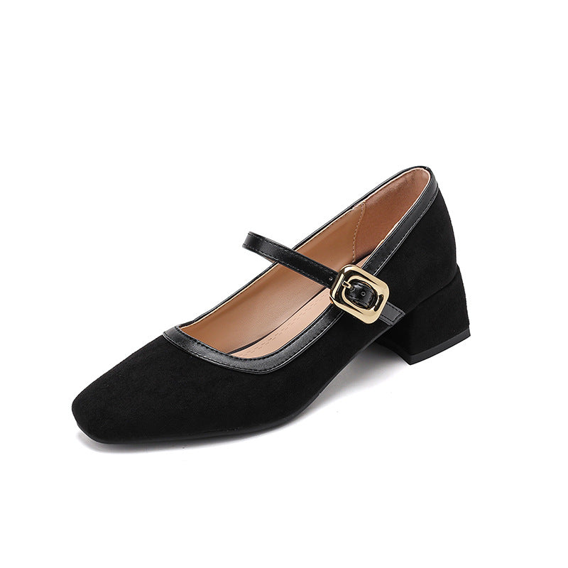 Square Toe Mary Jane Pumps – Buckle Strap – Low Block Heel