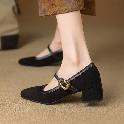 Square Toe Mary Jane Pumps – Buckle Strap – Low Block Heel