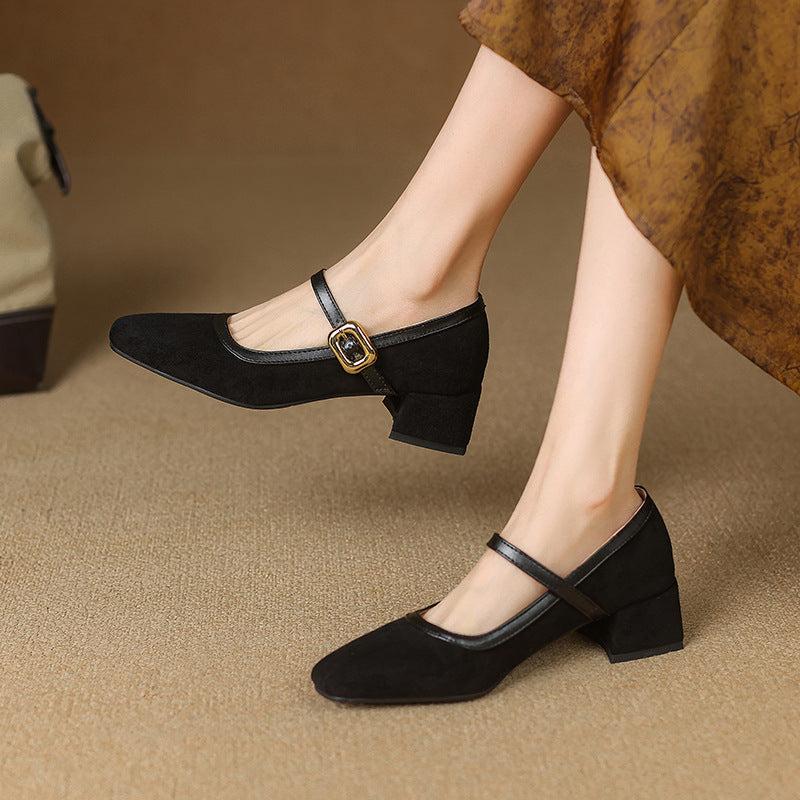 Square Toe Mary Jane Pumps – Buckle Strap – Low Block Heel
