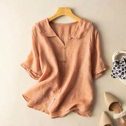 Relaxed Button-Up Blouse with Peter Pan Collar and Ruffle Cuffs