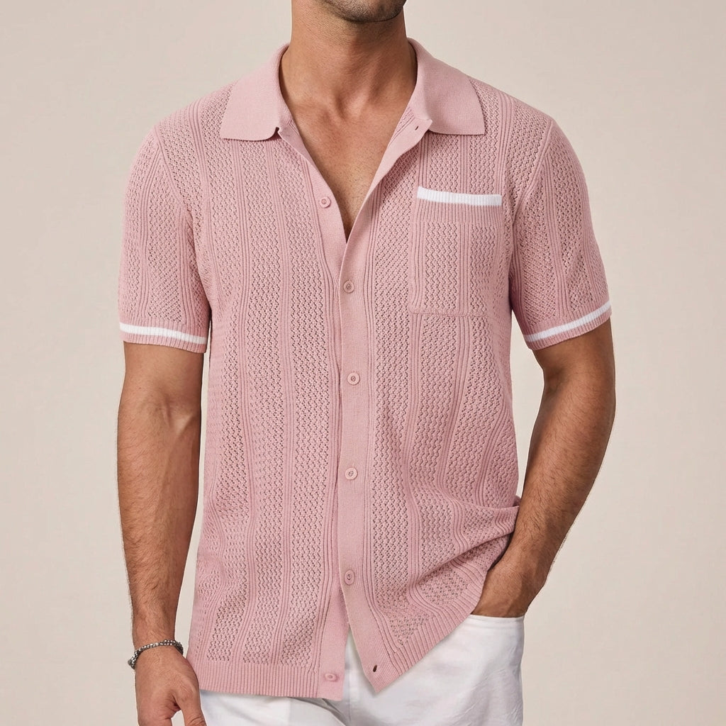 Ryker Relaxed Knit Polo with Textured Stripe and Contrasting Trim