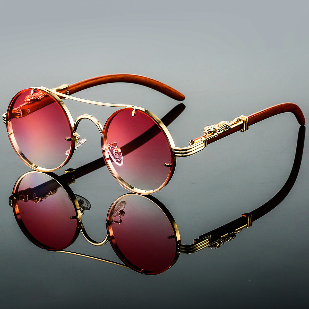 Panthera Onca Vintage-Inspired Round Sunglasses with Artisan Wood Temples
