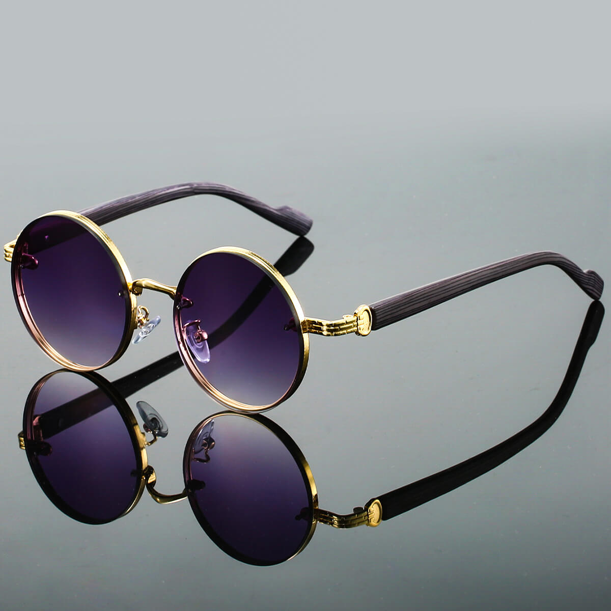 Vintage-Inspired Round Sunglasses with Mixed-Material Textured Temples