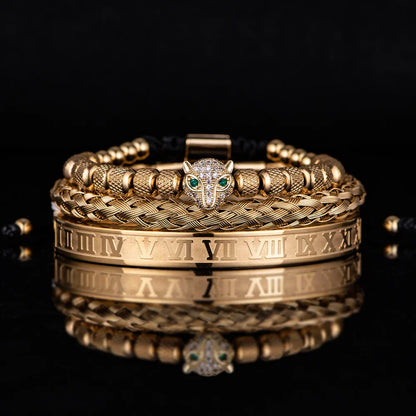 Oscar Panther Head Jeweled Cuff Bracelet Set | Textured Braided Beaded Bracelet