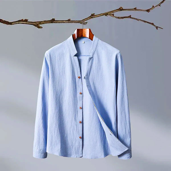Relaxed-Fit Shirt with Band Collar and Button Front Detail