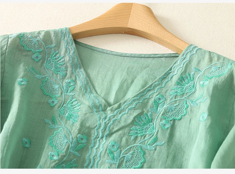 Relaxed Embroidered V-Neck Blouse with Artisan Detailing