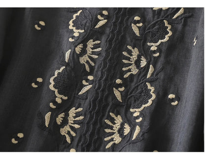 Relaxed Embroidered V-Neck Blouse with Artisan Detailing