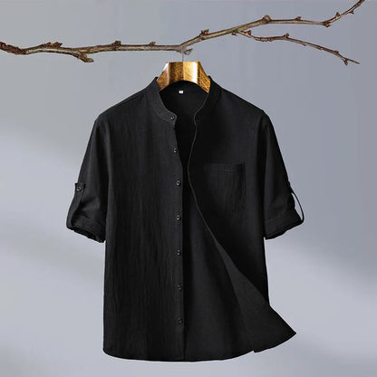 Relaxed Mandarin Collar Shirt with Curved Hem Detail