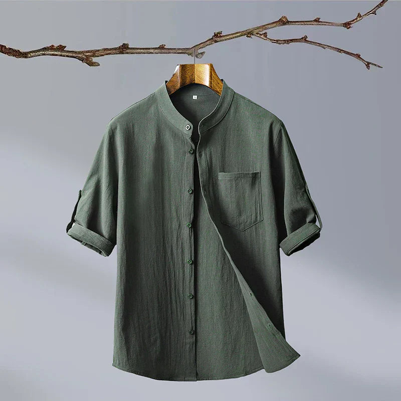 Relaxed Mandarin Collar Shirt with Curved Hem Detail