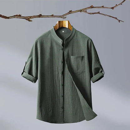 Relaxed Mandarin Collar Shirt with Curved Hem Detail