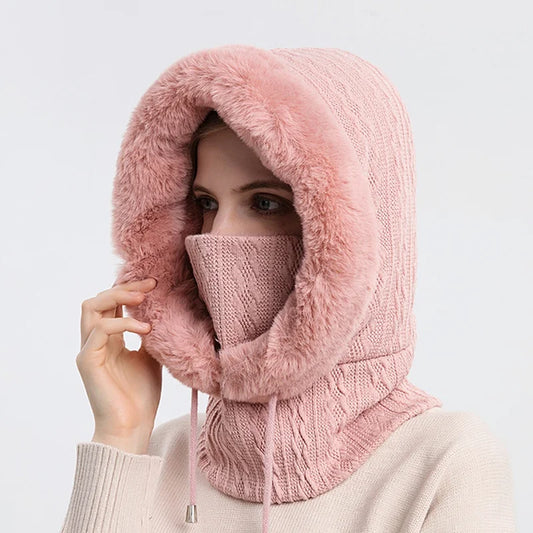 Aurora Cable Knit Balaclava | Fur Trim Drawstring Balaclava