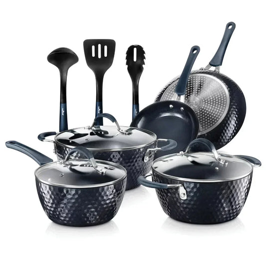 Contemporary Cookware Set With Hammered Texture and Nonstick Coating