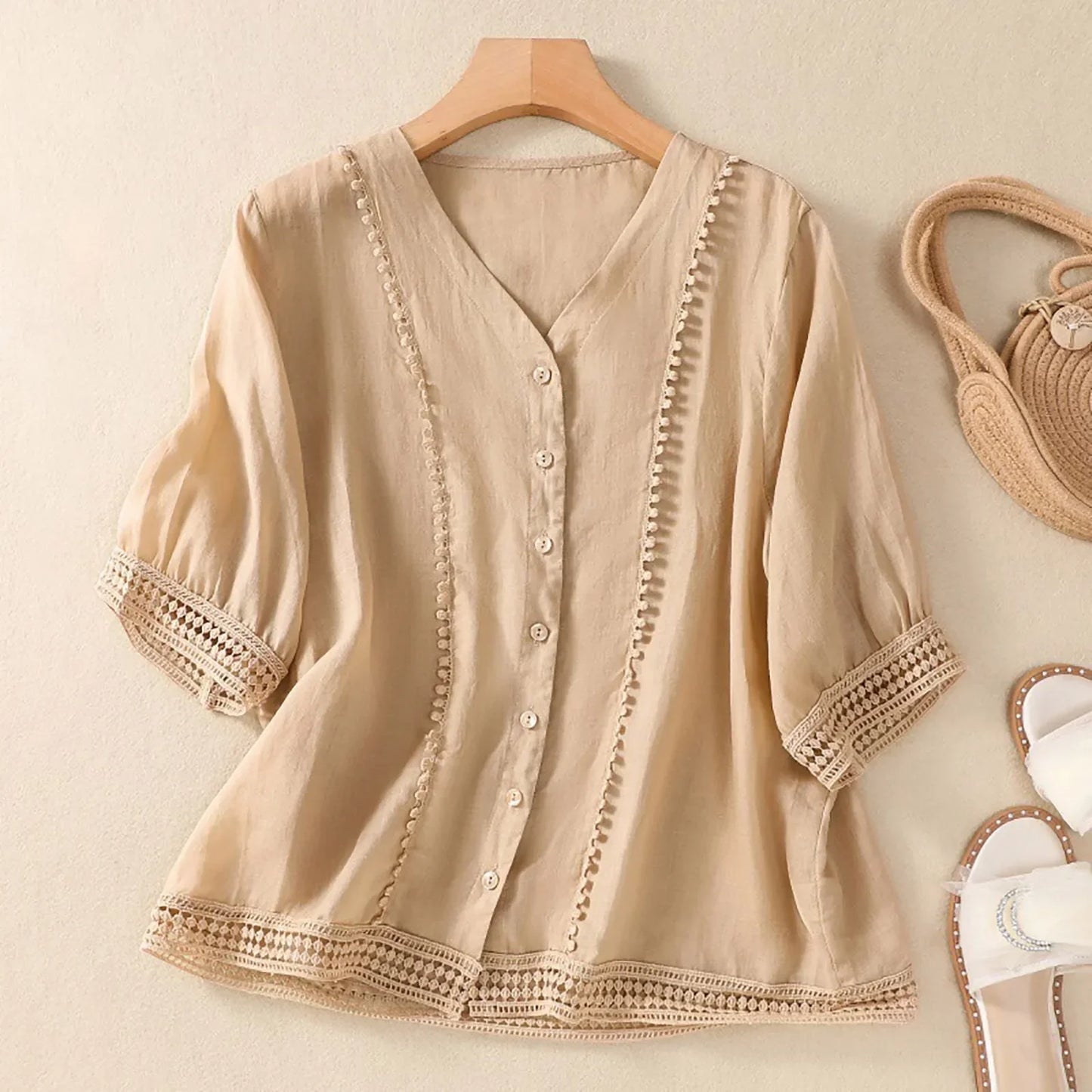 Marabel Relaxed Button-Up Blouse with Lace Trim Details