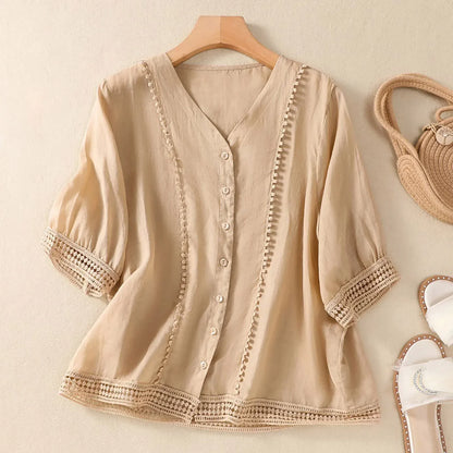 Marabel Relaxed Button-Up Blouse with Lace Trim Details