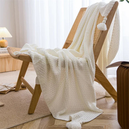 Scandinavian Bamboo Knit Throw Blanket With Tasseled Edges