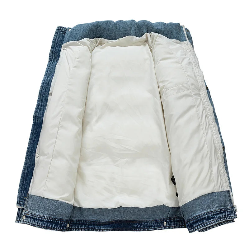 Noah Oversized Puffer Jacket | Quilted Denim Trim Hip-Length Puffer Jacket