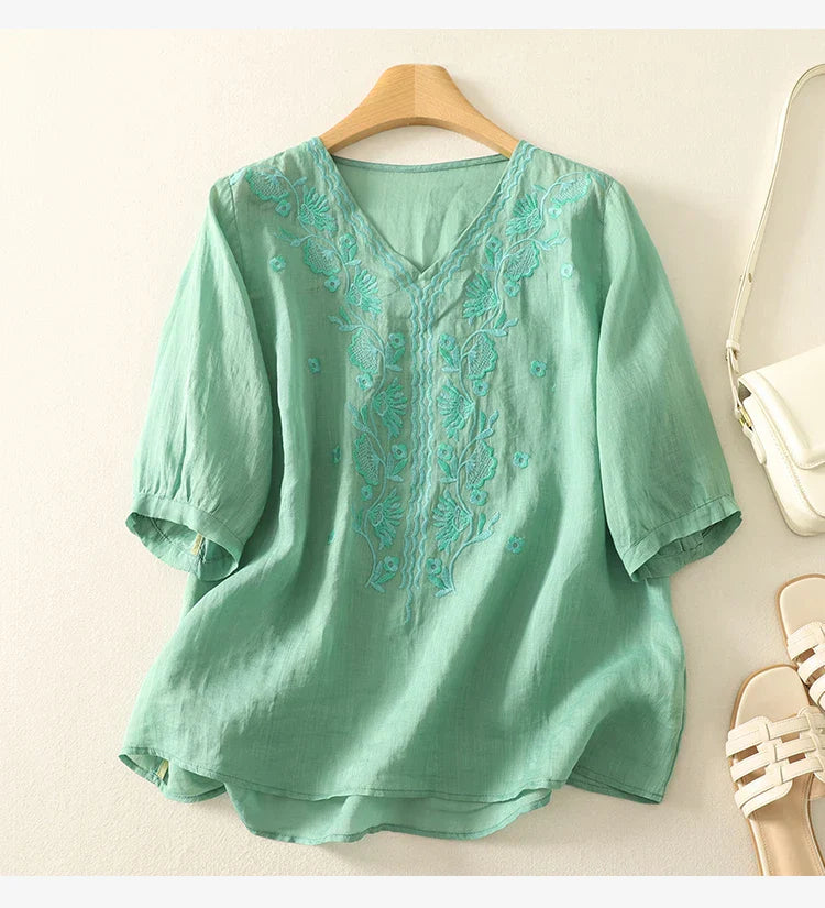 Relaxed Embroidered V-Neck Blouse with Artisan Detailing