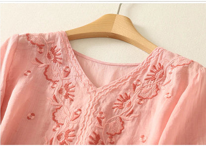 Relaxed Embroidered V-Neck Blouse with Artisan Detailing