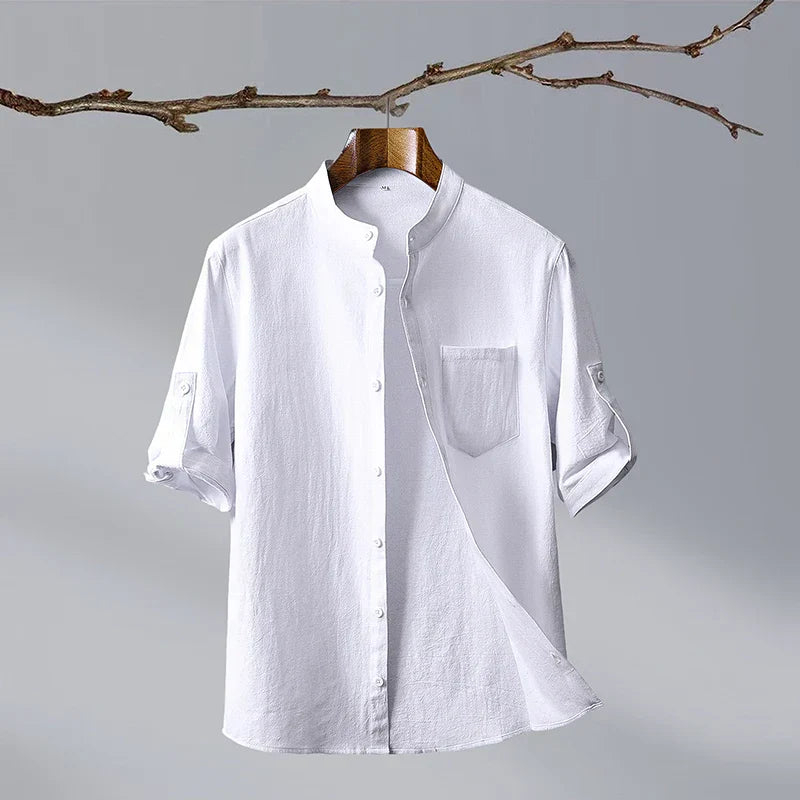 Relaxed Mandarin Collar Shirt with Curved Hem Detail