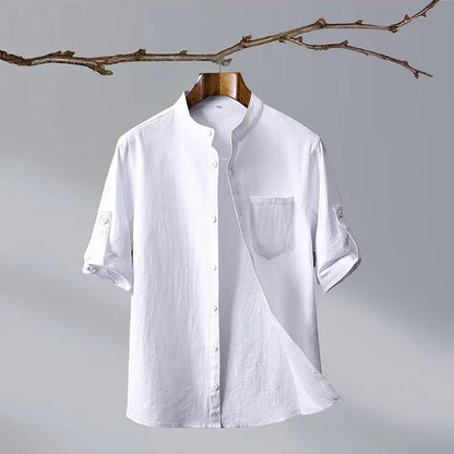 Relaxed Mandarin Collar Shirt with Curved Hem Detail