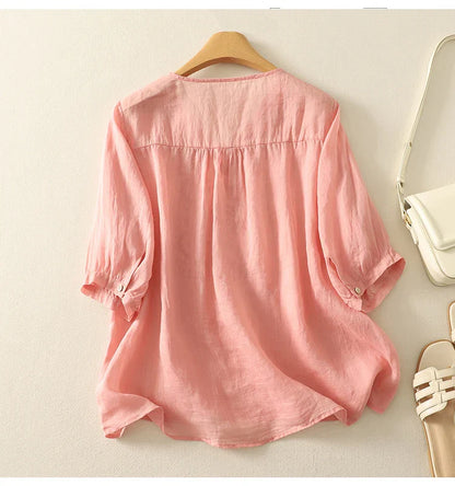 Relaxed Embroidered V-Neck Blouse with Artisan Detailing